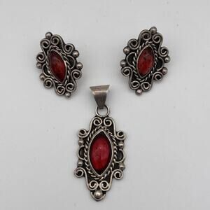Sterling Silver Mexico Jewelry Set Earrings Pendant Filigree Cabochon Vintage